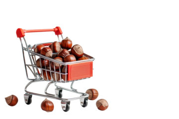 A miniature shopping cart filled with hazelnuts sitting on a clean white surface invites delightful culinary creativity isolated on transparent background