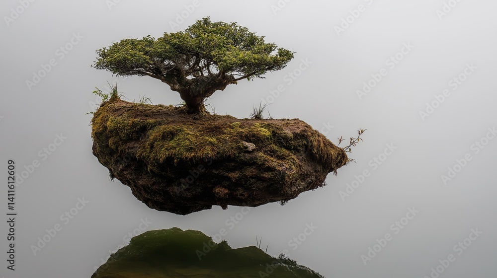 Aufkleber floating island with one bonsai tree in fog