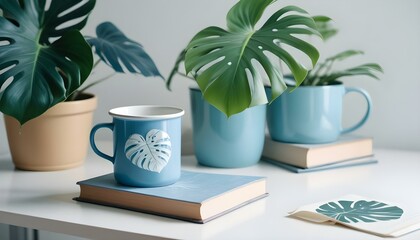 Enamel mug mockup with a monstera leaf in a vase and a book on a white table.