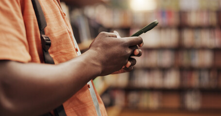 Hands, student and phone at library, texting and contact on web, notification and chat at college. Person, smartphone and mobile app for education, research and check class schedule at university