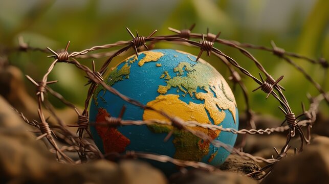 Earth globe encircled by barbed wire, nature background, possible use for environmental issues
