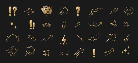Anime Emotion effect. Doodle golden manga icons. Idea and exclamation symbol. Pop art clipart. Scribble vector illustration.