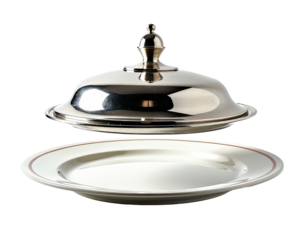 A polished silver cloche (food cover) is positioned above a matching silver plate  isolated on white background / no background png