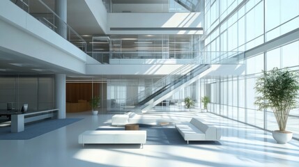 Fototapeta premium Modern, bright office lobby with large windows, open space, and minimalist design