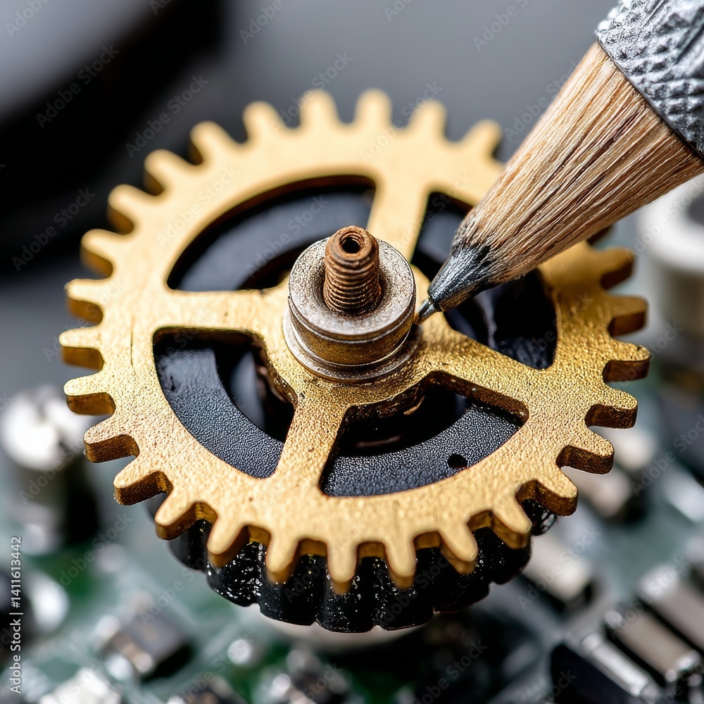 Poster microscopic view of a gold gear being adjusted with a fine-tipped tool on an electronic circuit boar