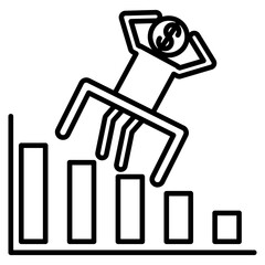 A worried figure icon sitting on a descending bar chart, symbolizes financial decline, business failure, or economic recession.