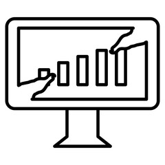 Icon of a computer monitor displaying a rising bar chart being manipulated by hands, symbolizing data analysis, growth, or progress tracking.
