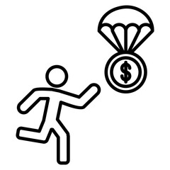 Icon of a running figure reaching for a dollar coin descending with a parachute, symbolizing opportunity, financial aid, or a bailout.