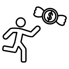 Icon of a running figure chasing a winged dollar coin, symbolizing pursuing wealth, financial aspiration, or the fleeting nature of money.