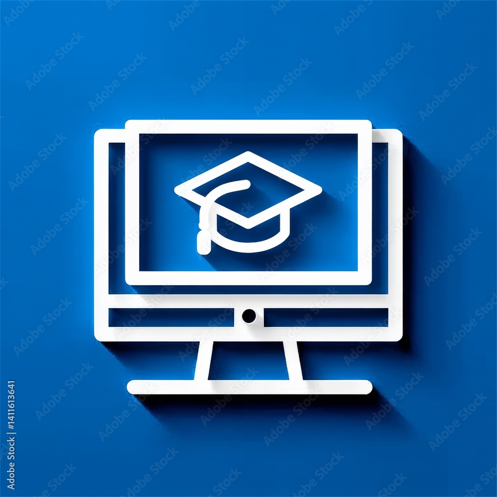 Poster online learning concept: white computer icon with graduation cap on blue background