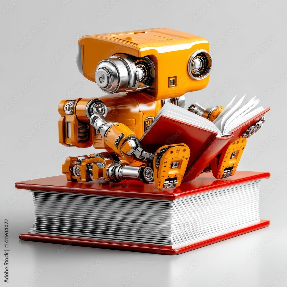 Poster Robot Reader: An orange droid sits atop a red book, engrossed in the pages, absorbing knowledge and stories.