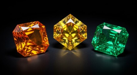 Radiant Gemstones Collection - Three vibrant gemstones, orange, yellow, and green, showcased against a black background. Luxury jewelry concept