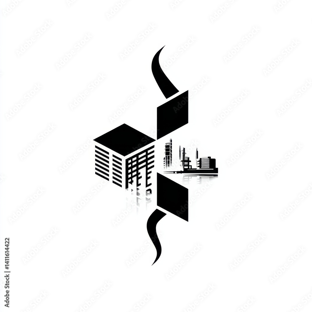Poster urban dichotomy: a black and white abstract representation of city architecture with reflected eleme