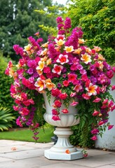 Vibrant blooms and lush foliage overflowing from a pristine white urn, nature photography, petals, colorful