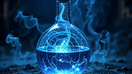 Science lab glassware experiment liquid blue smoke research chemistry flask test tube analysis discovery