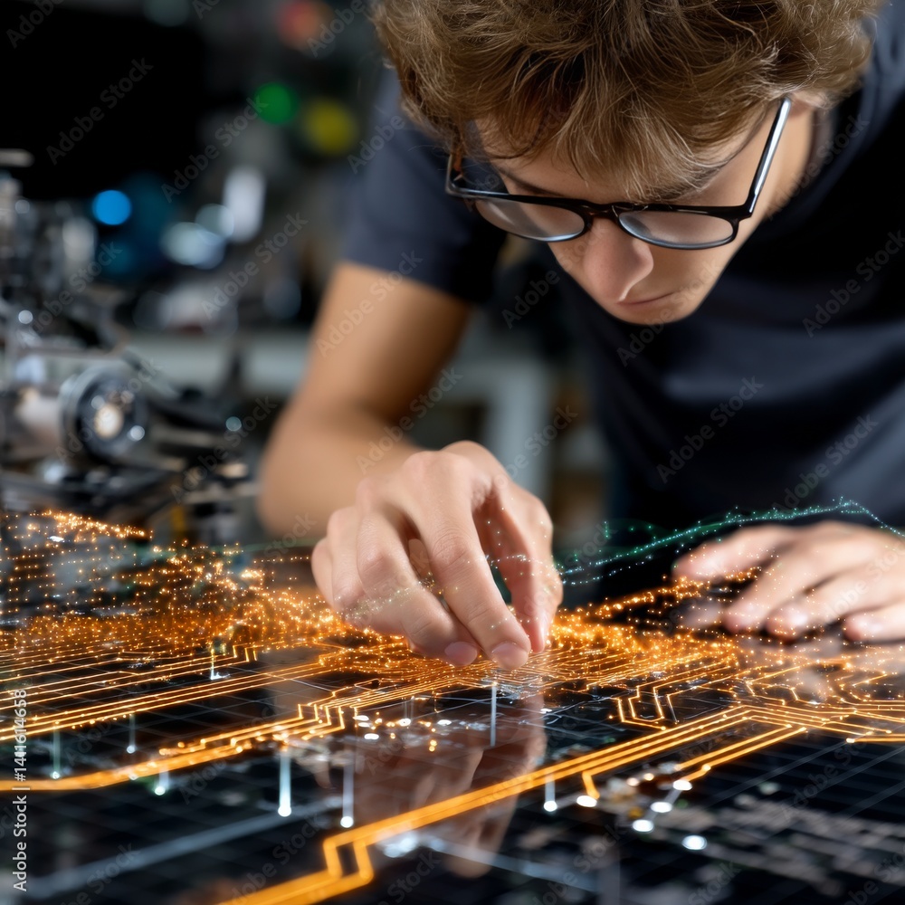 Aufkleber young engineer analyzing futuristic glowing circuit board for technological advancement