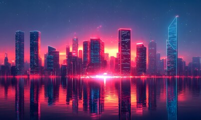 Fototapeta premium Cyberpunk Cityscape at Sunset: Neon-lit skyscrapers reflect in a tranquil body of water, creating a mesmerizing scene of urban beauty.