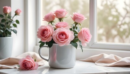 Enamel mug mockup with pink roses in a pot on a white table.