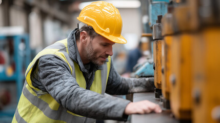 Focused Determination in the Factory: A skilled worker, clad in a yellow hard hat and safety vest, meticulously examines machinery, a symbol of precision and industry. Capturing focused diligence