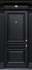 Fototapeta premium A close-up of an elegant, black front door with a classic, ornate design, featuring refined architectural details. The door exudes an aura of sophistication and timeless design.
