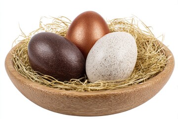 Fototapeta premium Three easter eggs in a nest isolated on white background