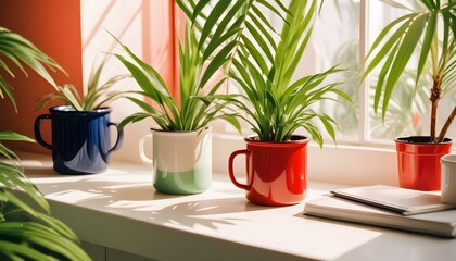 Enamel mug mockup with workspace accessories on a white table and a palm plant.