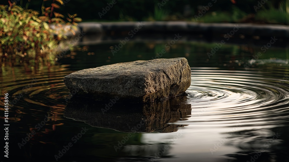 Poster floating stone in a minimalist pond with ripples