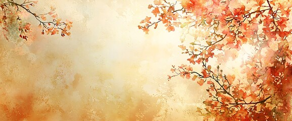 Autumn Watercolor Branches Golden Sunlit Leaves.