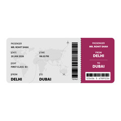 Vector Boarding Pass from Delhi to Dubai – First Class Ticket Design