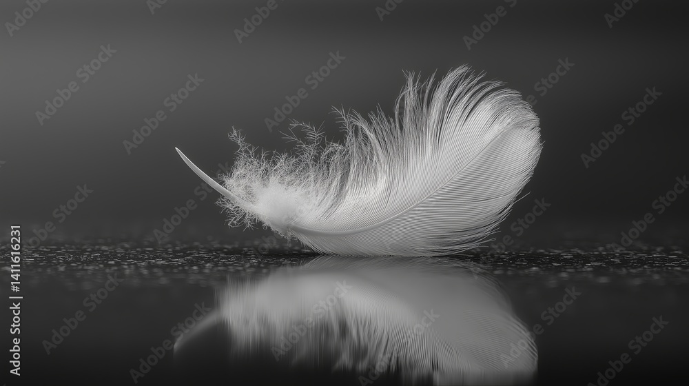 Poster floating white feather on a monochrome backdrop