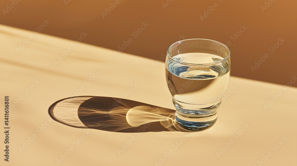 Poster glass of water with a shadow cast on plain surface