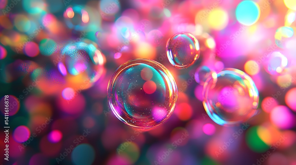 Poster vibrant soap bubbles dancing in a colorful bokeh background.