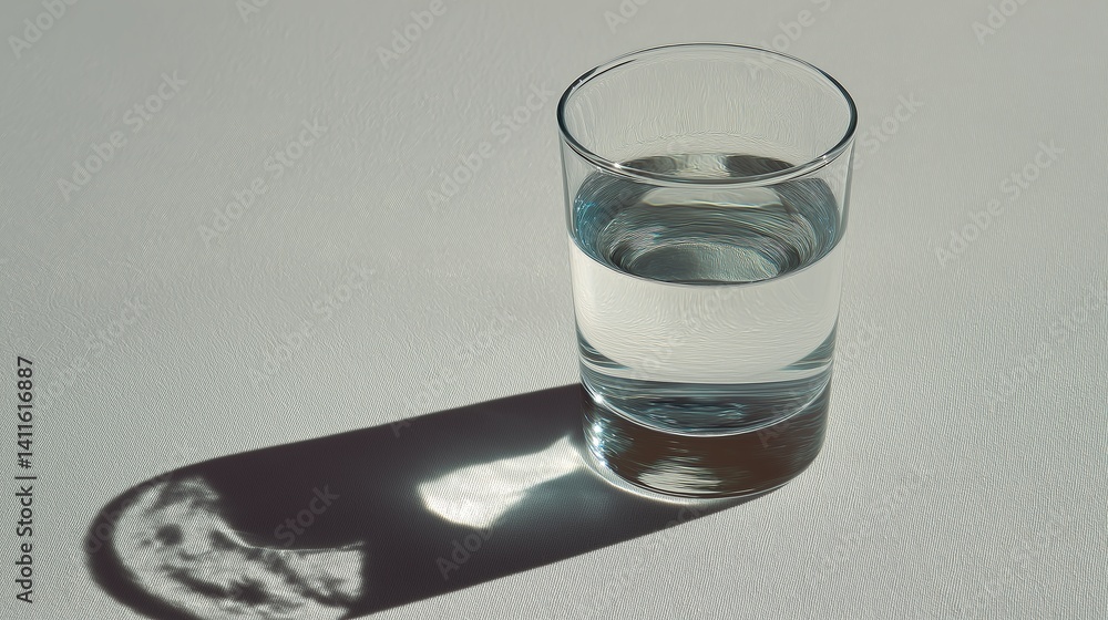 Poster glass of water with a shadow cast on plain surface