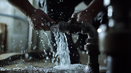 Plumber repairing a burst pipe in a basement. Featuring plumbing and emergency repair