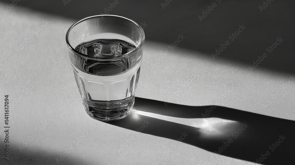 Poster glass of water with a shadow cast on plain surface