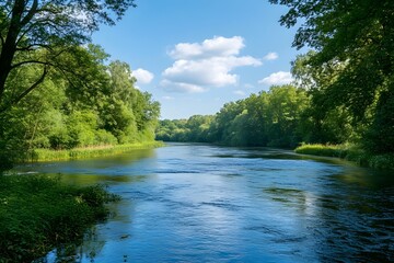 Serene river flowing through lush green forest under a vibrant summer sky.