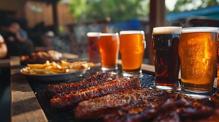 Delicious BBQ Ribs Craft Beer with Outdoor Feast for gathering enjoyment relaxation deliciousness gastronomy culinary concept.