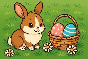 Cute Brown and White Easter Bunny Sitting on Grass with Colorful Eggs and Spring Flowers &ndash; Festive Springtime Holiday Scene
