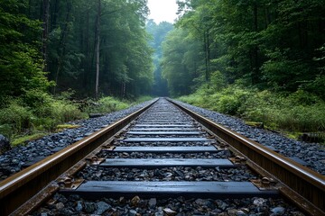 Fototapeta premium An immersive photograph captures the essence of a journey, with railway tracks leading the viewer's eye into the heart of a lush, green forest. Evoking a sense of adventure.