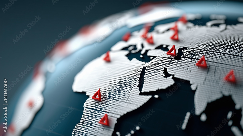Poster global network: an artistic 3d rendering depicts a global network, with continents overlaid with red