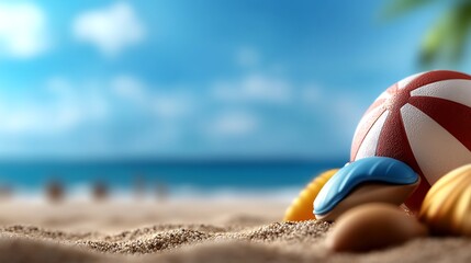 Obraz premium Beach Fun Seashells Summer Ball on Sandy Shore.