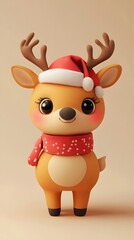 Fototapeta premium A cheerful, cute cartoon reindeer is dressed in festive attire, complete with a Santa hat and a warm scarf. Smiling in front of the cream background.