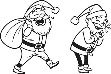 Funny Santa Claus Vector – Black and White Cartoon Christmas Illustration | Hilarious Santa Claus Line Art – Black and White Holiday | Comedic Santa Claus Clipart, Minimalist Black and White
