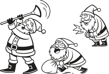 Funny Santa Claus Vector – Black and White Cartoon Christmas Illustration | Hilarious Santa Claus Line Art – Black and White Holiday | Comedic Santa Claus Clipart, Minimalist Black and White
