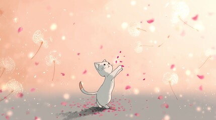 Obraz premium A cute white kitten in a vibrant flower sea, playfully blowing pink petals in soft lighting