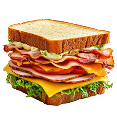 Classic club sandwich with toasted golden-brown bread, crispy bacon, fresh lettuce, ham, tomato, and cheese, isolated on transparent background.