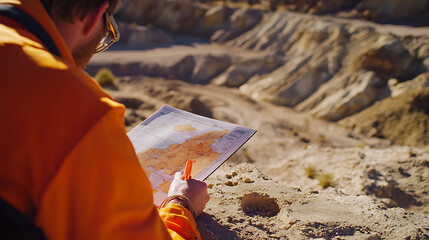 Geologist marking a site for lithium mining based on surveys. Featuring resource mapping