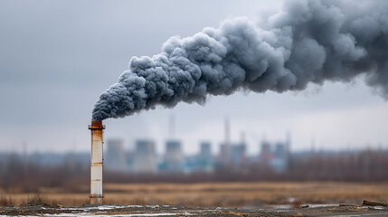 Pollution Plume: A stark image of environmental degradation, depicting a thick plume of dark smoke billowing from an industrial smokestack.