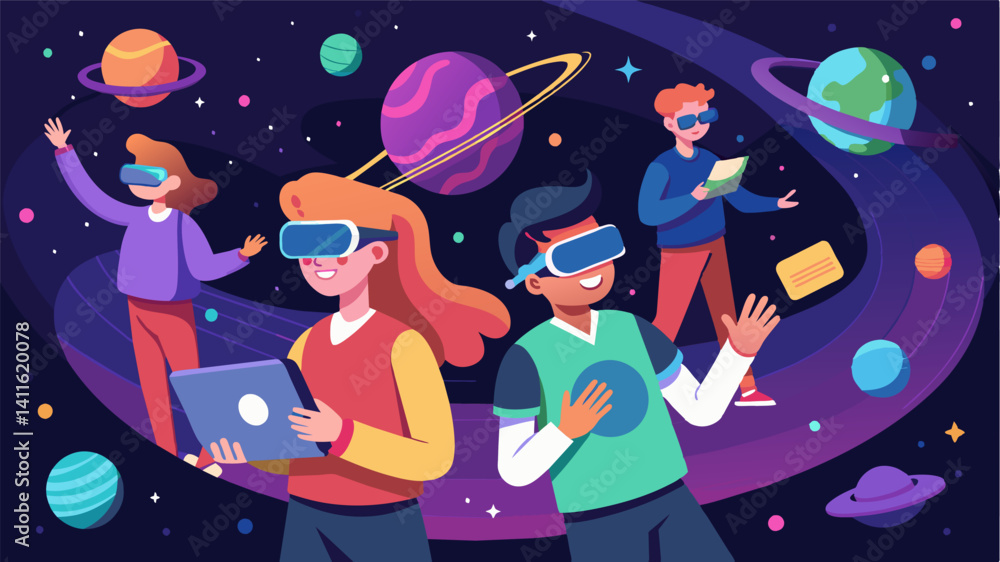 Poster a group of students eagerly engage in a virtual reality program fully immersed in the experience of 