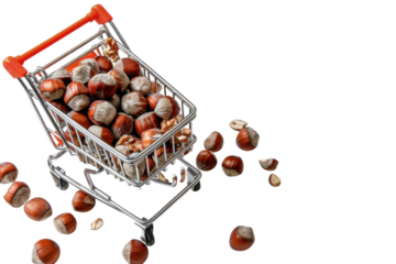 A miniature shopping cart overflowing with hazelnuts scattered across a clean, white surface in a bright and whimsical arrangement isolated on transparent background